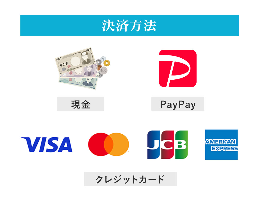 決済方法：現金・PayPay・各種クレジットカード